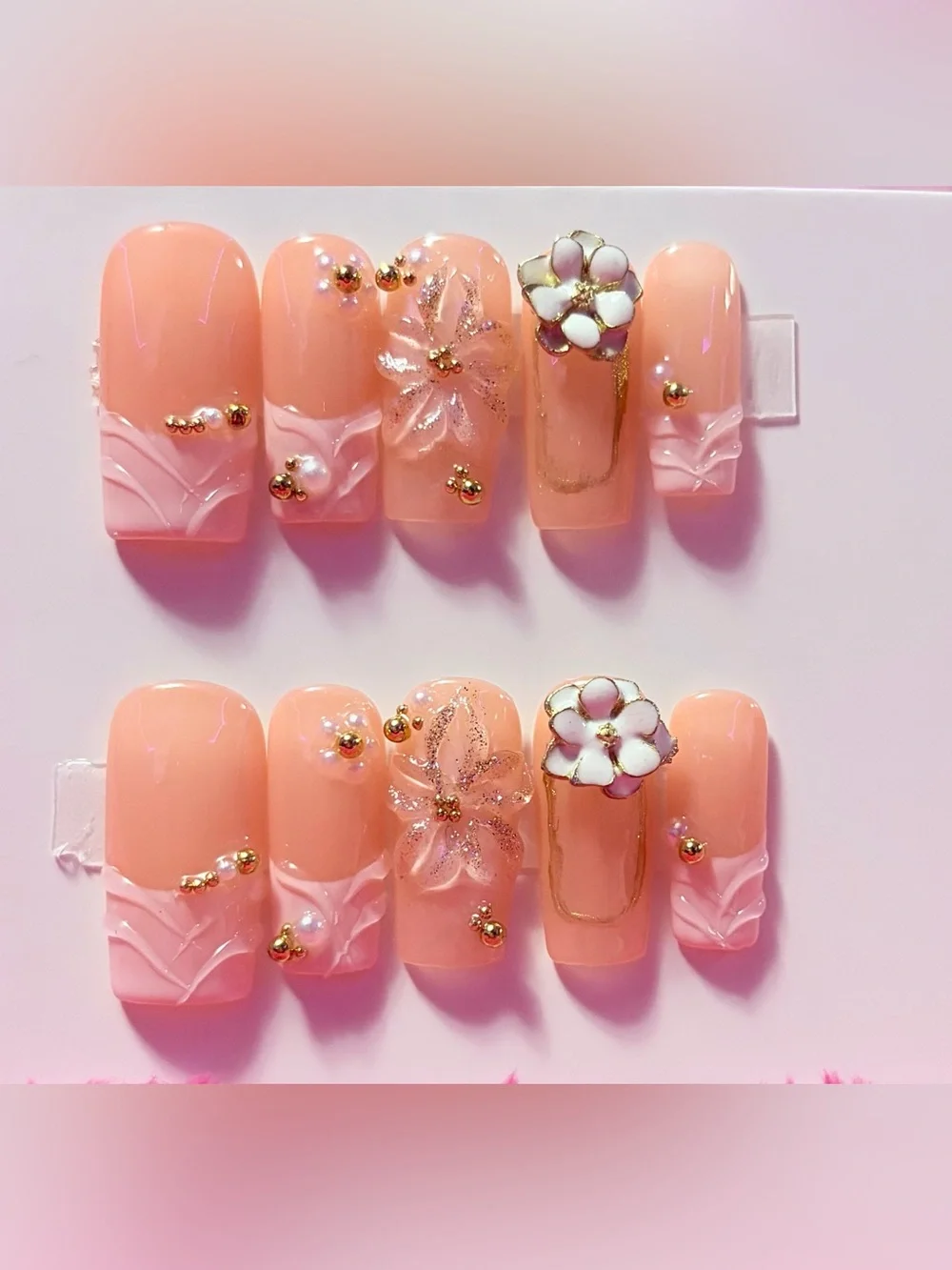 Peach Blossom Press-On Nails with 3D Floral Accents